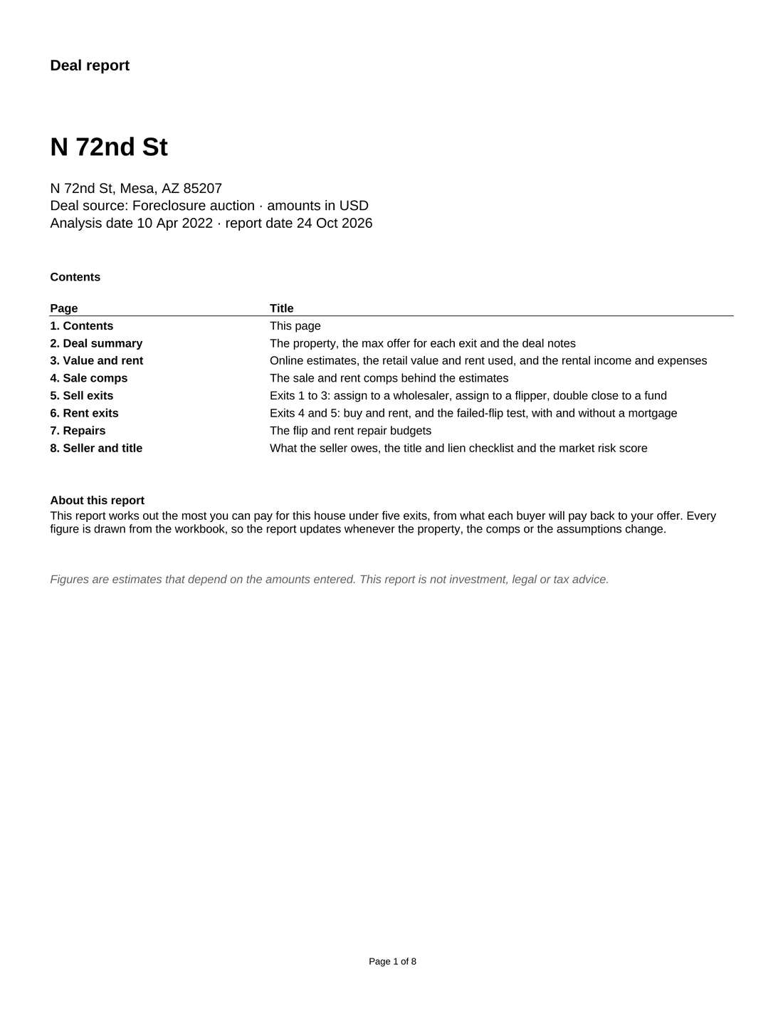 Real Estate Residential Investor Max Offer Toolkit sample report, page 1: Cover and contents